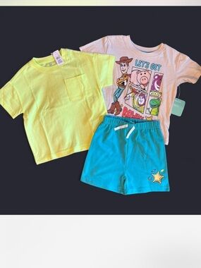 GAP Baby Neon Yellow Tie-Dye Pocket Tee with Toy Story 2-piece outfit